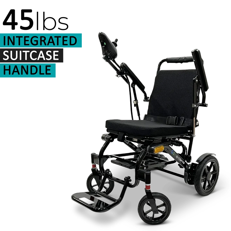 ComfyGo G5 foldable electric wheelchair, black, angled view
