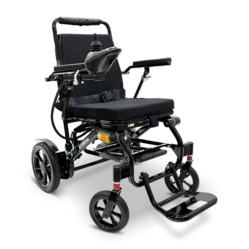 ComfyGo G5 foldable electric wheelchair, black, angled view