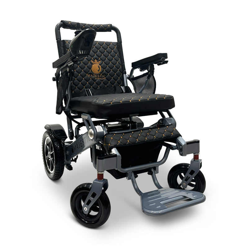 MAJESTIC IQ-7000 Classic electric wheelchair, silver frame, standard black cushion and backrest with gold stitching