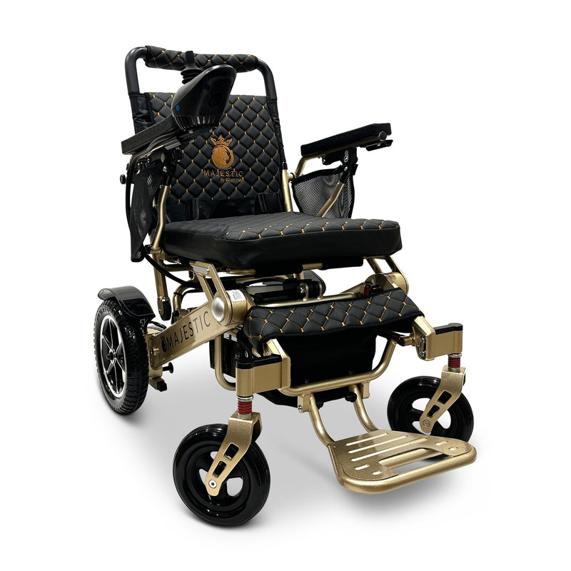 MAJESTIC IQ-7000 Classic electric wheelchair, bronze frame, standard black cushion and backrest with gold stitching