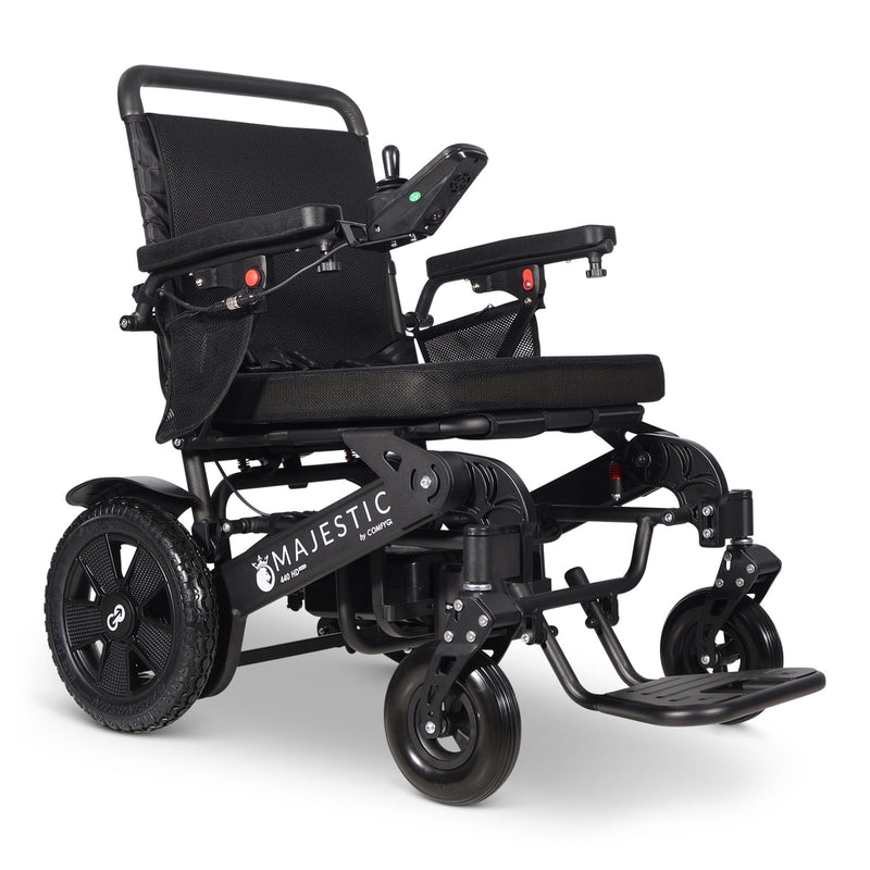 MAJESTIC 440 HD PLUS folding electric wheelchair, black, front three-quarter view with the chair facing right