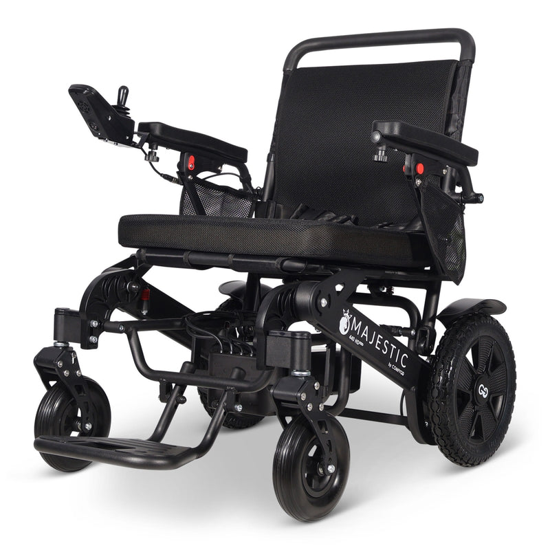 MAJESTIC 440 HD PLUS heavy-duty folding electric wheelchair, black, front three-quarter view with the chair facing left