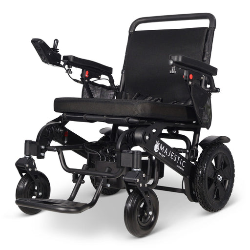 MAJESTIC 440 HD PLUS heavy-duty folding electric wheelchair, black, front three-quarter view with the chair facing left