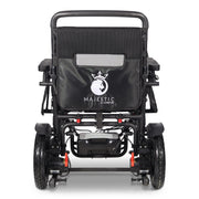 MAJESTIC 440 HD PLUS folding electric wheelchair, black, rear view showing the backrest pocket and battery