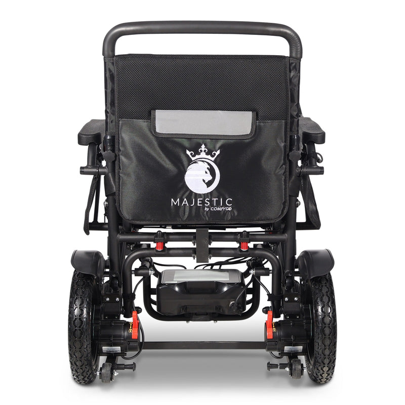 MAJESTIC 440 HD PLUS folding electric wheelchair, black, rear view showing the backrest pocket and battery