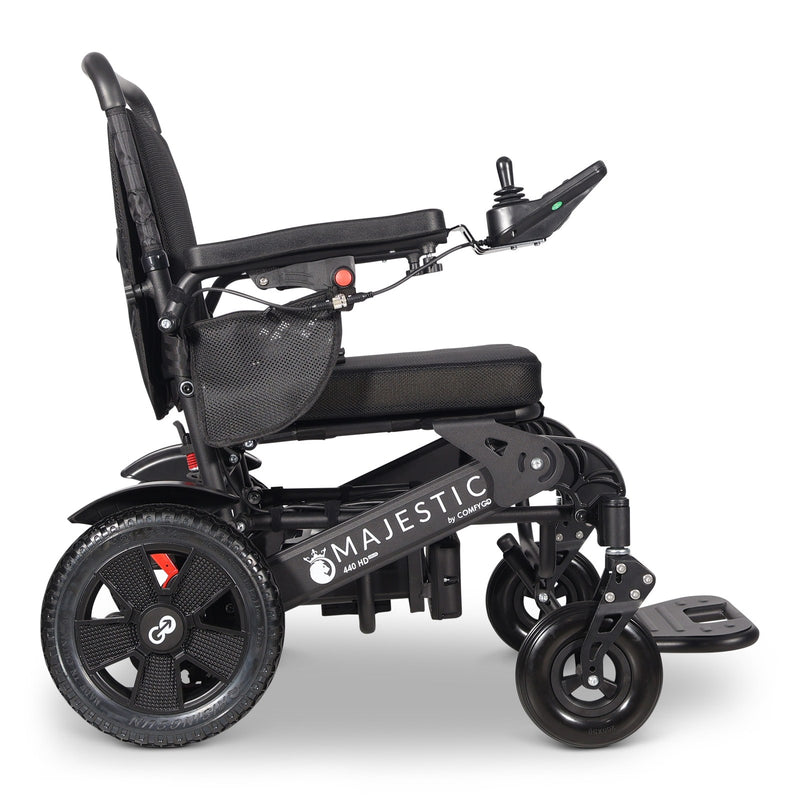 MAJESTIC 440 HD PLUS folding electric wheelchair, black, side view showing joystick and armrest