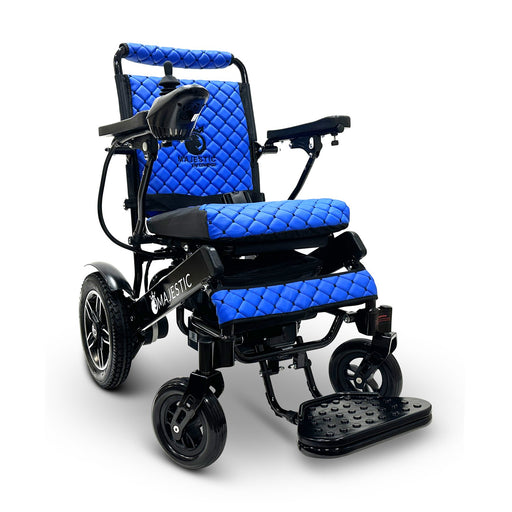 MAJESTIC IQ-8000 electric wheelchair, black frame, blue cushion and backrest