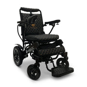 MAJESTIC IQ-8000 electric wheelchair, black frame, standard black cushion and backrest with gold stitching