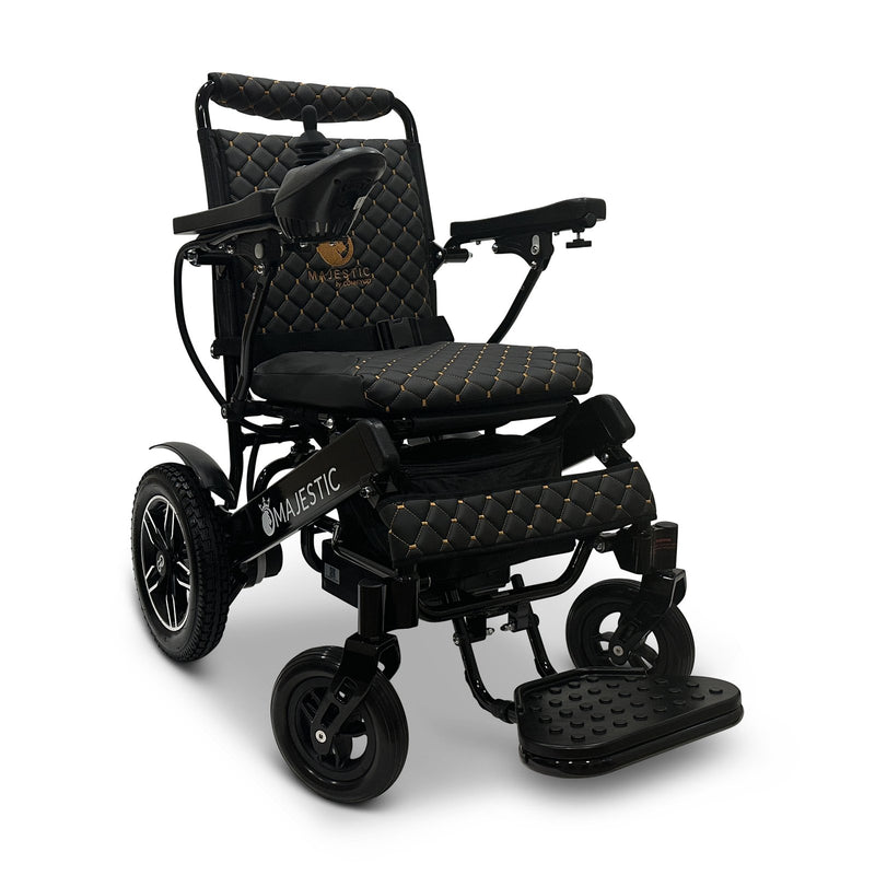 MAJESTIC IQ-8000 electric wheelchair, black frame, standard black cushion and backrest with gold stitching