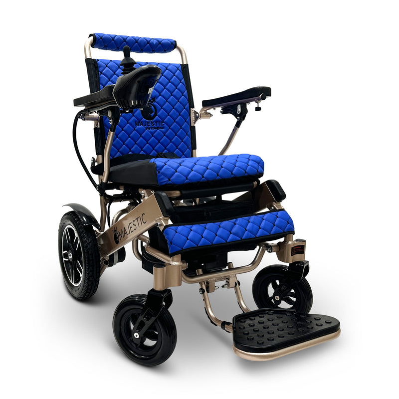 MAJESTIC IQ-8000 electric wheelchair, bronze frame, blue cushion and backrest