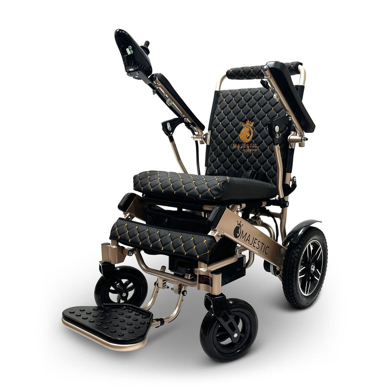 MAJESTIC IQ-8000 electric wheelchair, bronze frame, standard black cushion and backrest with gold stitching