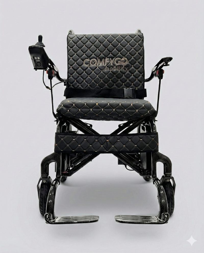 ComfyGo Phoenix Carbon Fiber Electric Wheelchair, black textile, angled front view