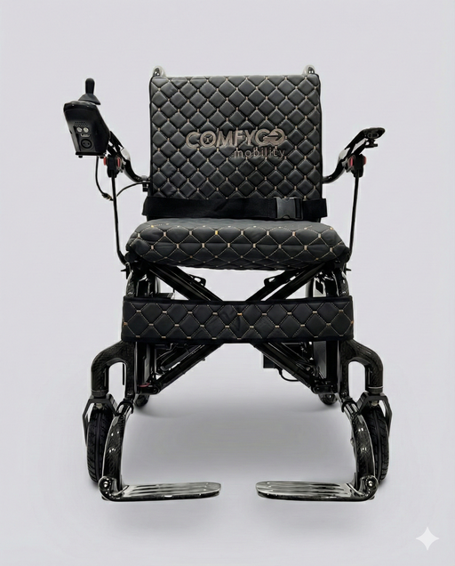 ComfyGo Phoenix Carbon Fiber Electric Wheelchair, black textile, angled front view