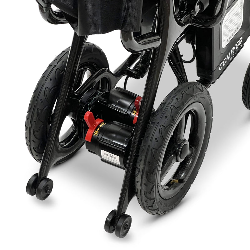 ComfyGo Phoenix carbon fiber electric wheelchair, close-up of the rear wheels