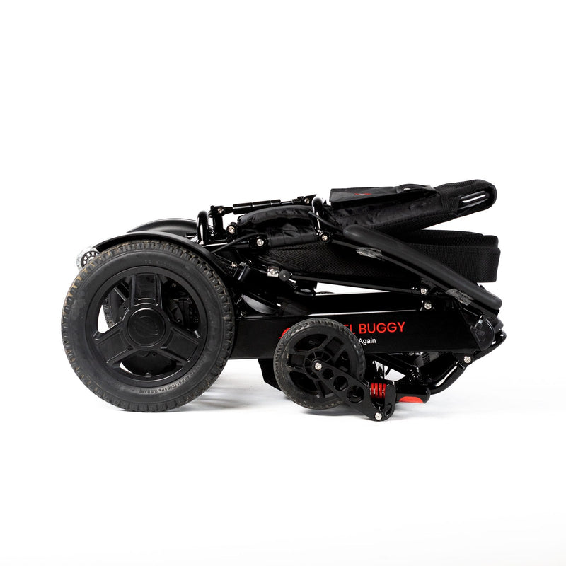Travel Buggy City 2 Plus power chair, black, folded for transport