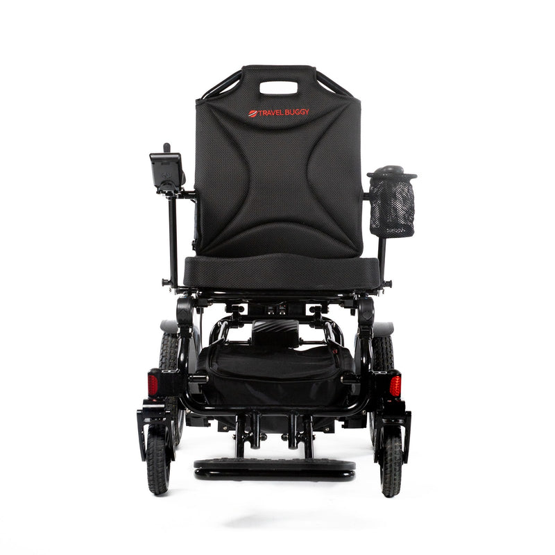 Travel Buggy City 2 Plus folding power chair, black, straight-on front view
