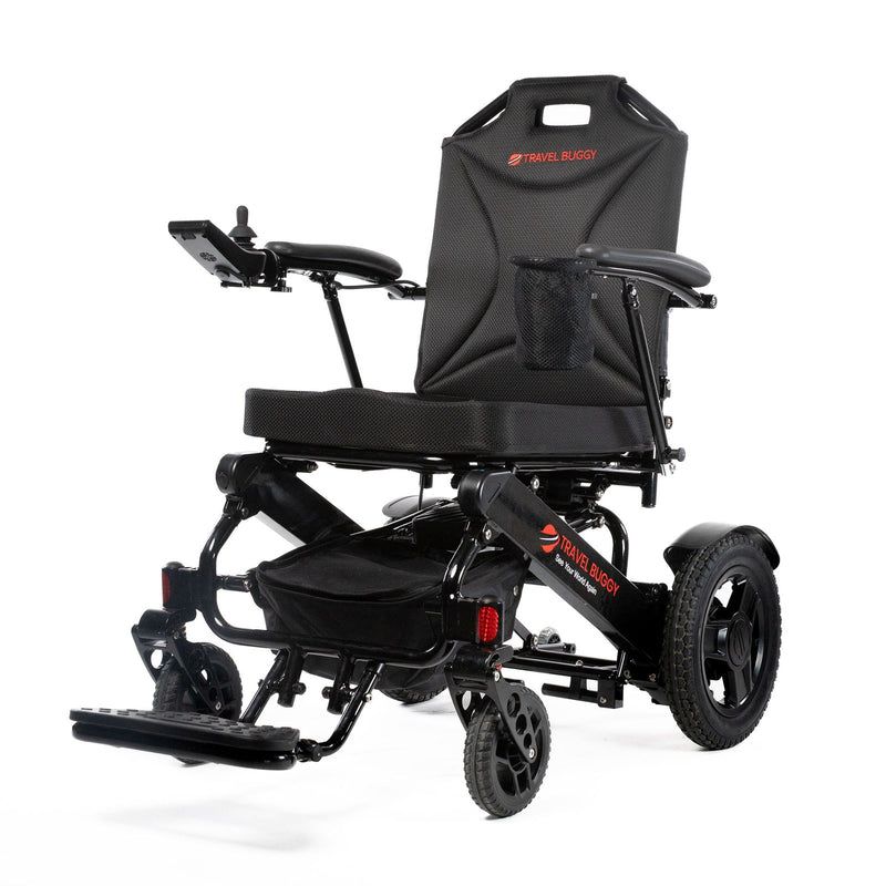 Travel Buggy City 2 Plus folding power chair, black, left-angle view