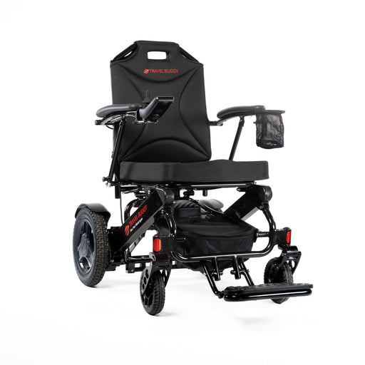 Travel Buggy City 2 Plus folding power chair, black, right-angle view