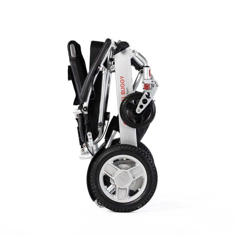 Travel Buggy City 2 Plus power chair, silver, folded and standing upright