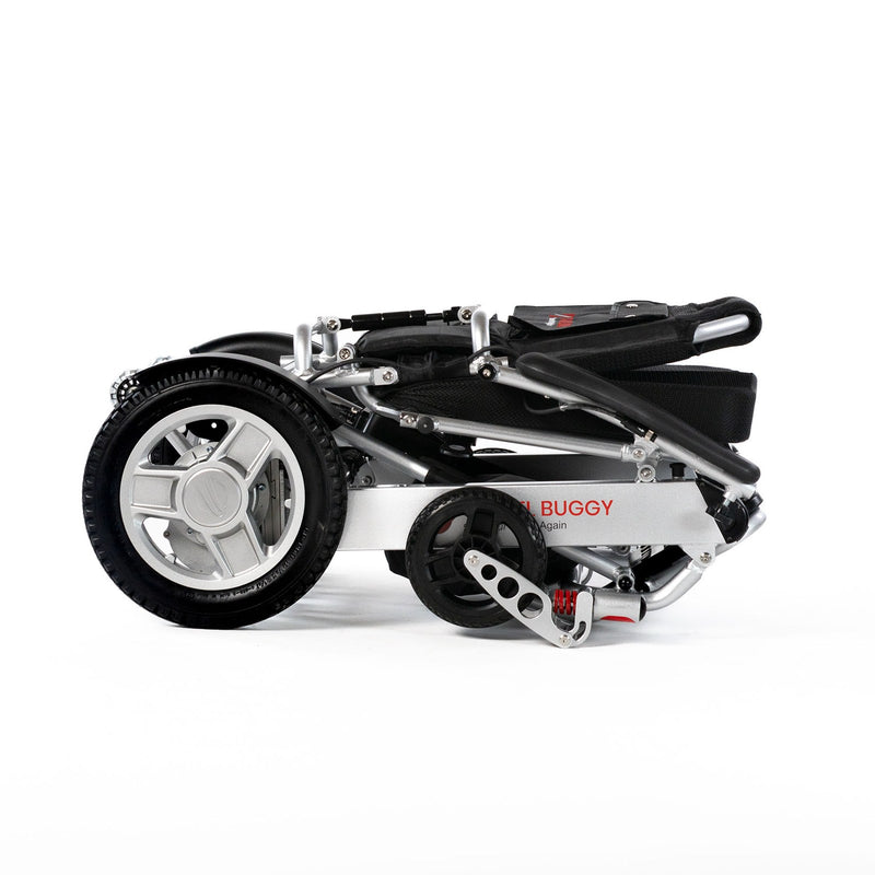 Travel Buggy City 2 Plus power chair, silver, folded for transport