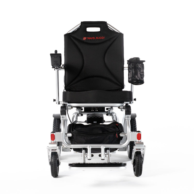 Travel Buggy City 2 Plus folding power chair, silver, straight-on front view