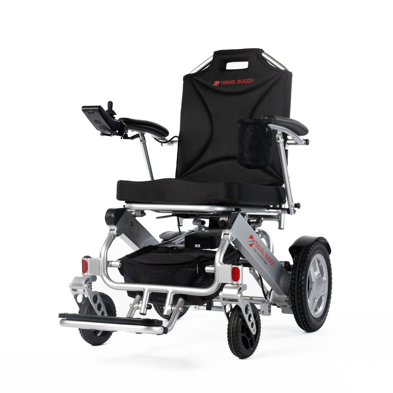 Travel Buggy City 2 Plus folding power chair, silver, left-angle view