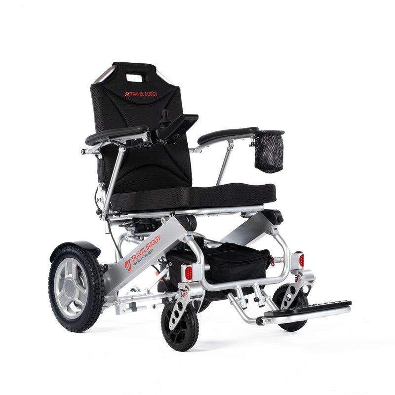 Travel Buggy City 2 Plus folding power chair, silver, right-angle view