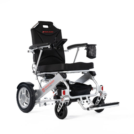 Travel Buggy City 2 Plus folding power chair, silver, right-angle view