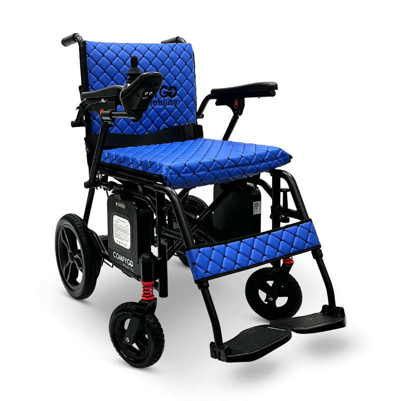 ComfyGO X-7 foldable electric wheelchair with blue cushion and backrest