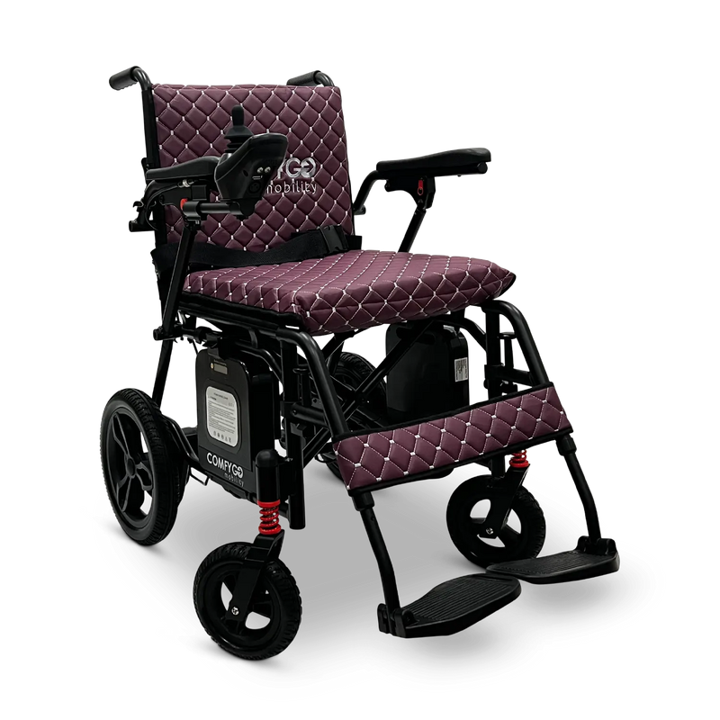 ComfyGO X-7 foldable electric wheelchair with purple cushion and backrest