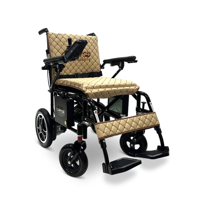 ComfyGO X-7 foldable electric wheelchair, black frame, coffee quilted cushion and backrest