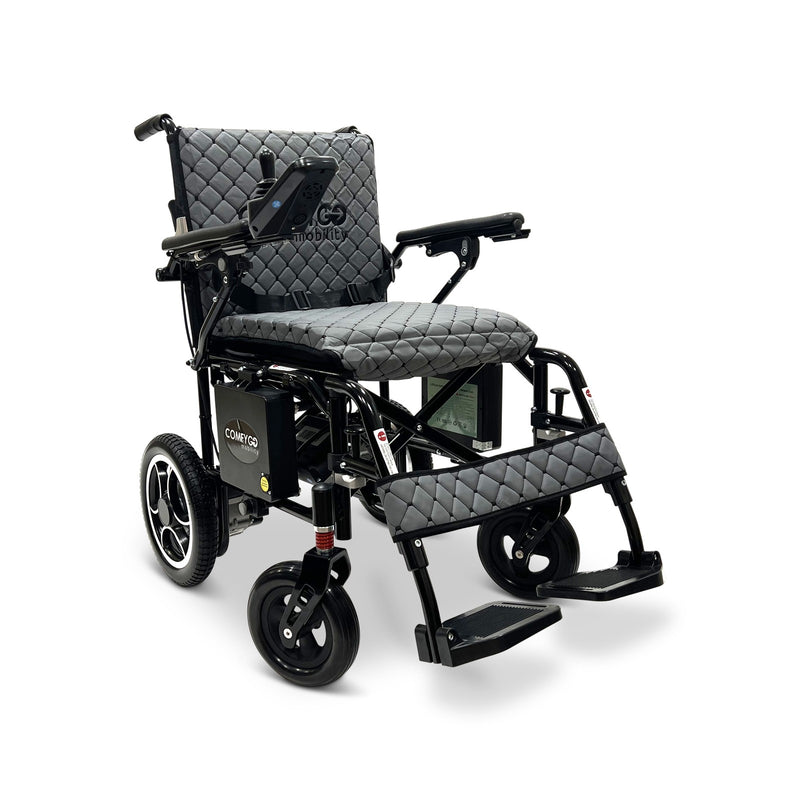 ComfyGO X-7 foldable electric wheelchair, black frame, gray quilted cushion and backrest