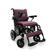 ComfyGO X-7 foldable electric wheelchair, black frame, purple quilted cushion and backrest