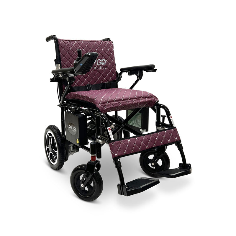 ComfyGO X-7 foldable electric wheelchair, black frame, purple quilted cushion and backrest
