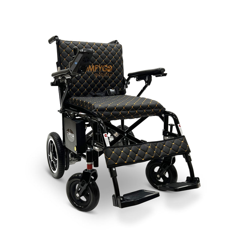 ComfyGO X-7 foldable electric wheelchair, black frame, standard black cushion with gold stitching