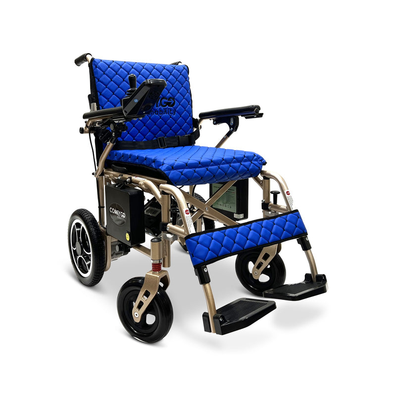 ComfyGO X-7 foldable electric wheelchair, bronze frame, blue quilted cushion and backrest