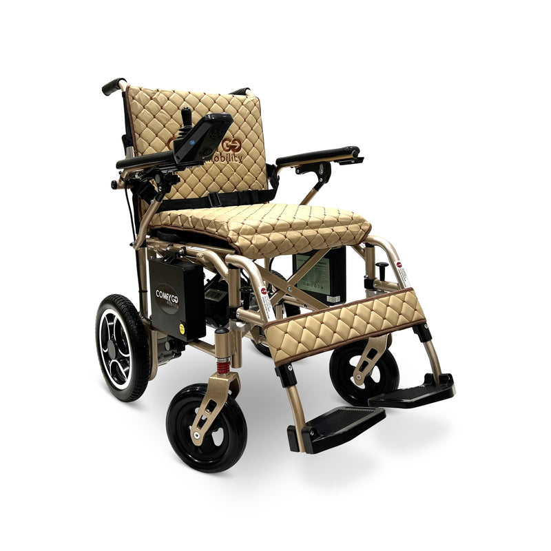 ComfyGO X-7 foldable electric wheelchair, bronze frame, coffee quilted cushion and backrest