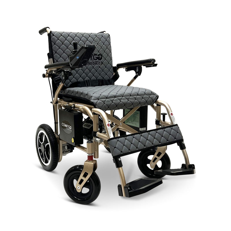 ComfyGO X-7 foldable electric wheelchair, bronze frame, gray quilted cushion and backrest