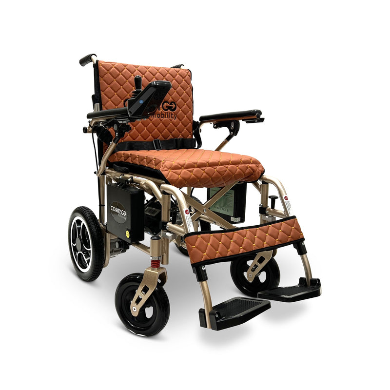 ComfyGO X-7 foldable electric wheelchair, bronze frame, taba quilted cushion and backrest