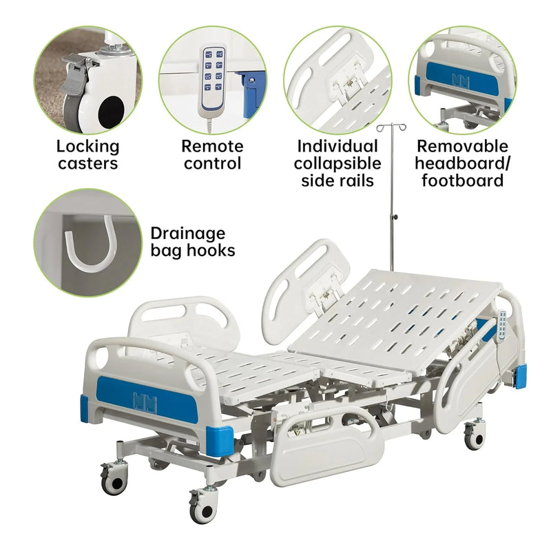 5 Functions Full Electric Hospital Bed ICU Bed for Home and Hospital Use with Thick Mattress & IV Pole
