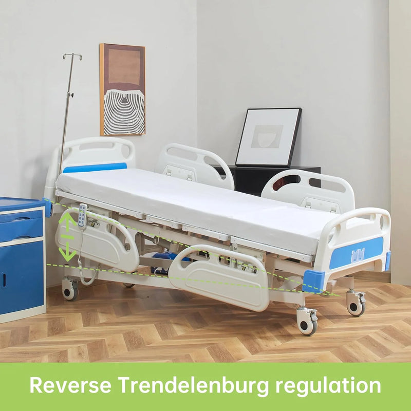 5 Functions Full Electric Hospital Bed ICU Bed for Home and Hospital Use with Thick Mattress & IV Pole