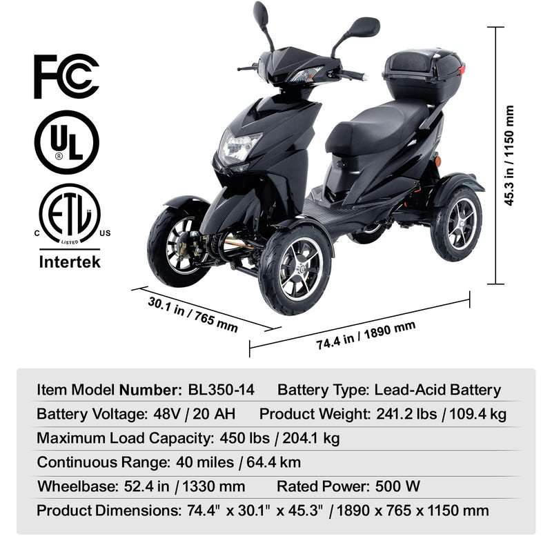 Uimoso Heavy Duty 4-Wheel Mobility Scooters 40Miles 3-Speed 500W 450Lbs Capacity
