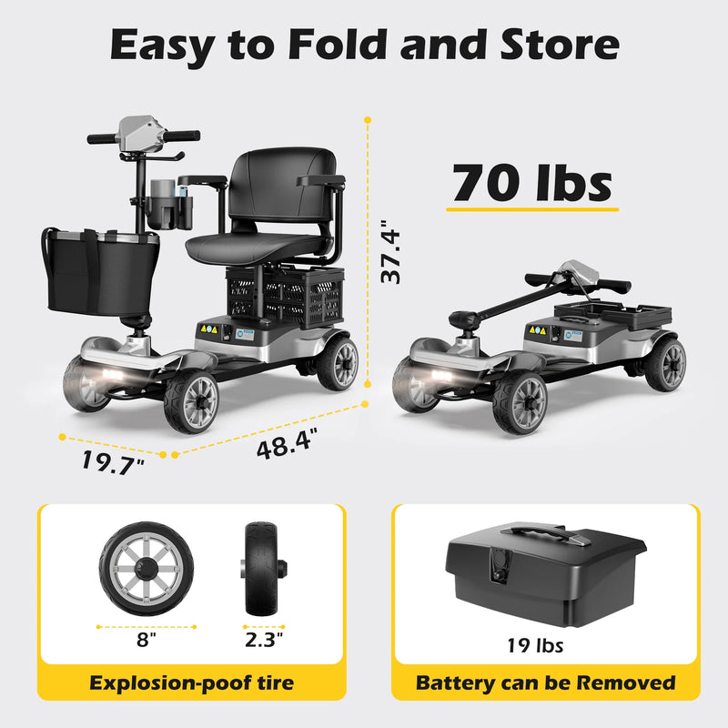 Upgrade 4 Wheels Mobility Scooter with Removable Battery, Compact Heavy Duty Mobile for Travel, Foldable Powered Wheelchair for Adult, 330Lbs, Silver
