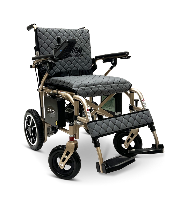 ComfyGO X-7 foldable electric wheelchair with gray quilted cushion and backrest