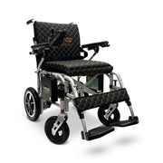 ComfyGO X-7 foldable electric wheelchair, silver frame, black quilted cushion and backrest