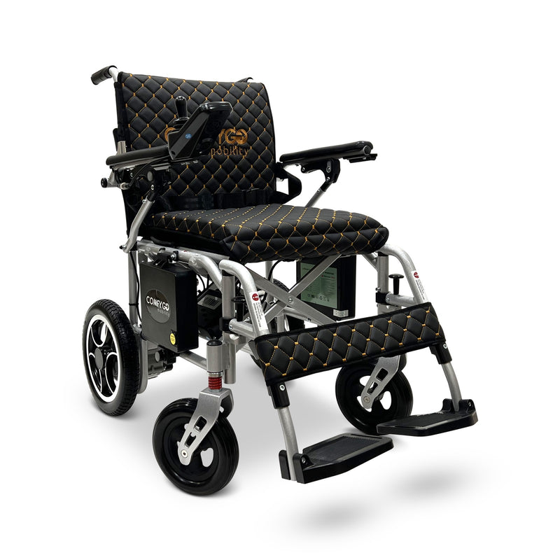 ComfyGO X-7 foldable electric wheelchair, silver frame, black quilted cushion and backrest