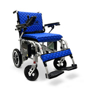ComfyGO X-7 foldable electric wheelchair, silver frame, blue quilted cushion and backrest
