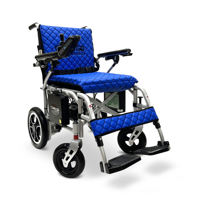 ComfyGO X-7 foldable electric wheelchair, silver frame, blue quilted cushion and backrest
