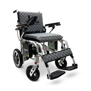 ComfyGO X-7 foldable electric wheelchair, silver frame, gray quilted cushion and backrest