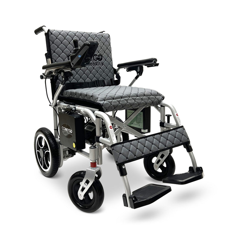 ComfyGO X-7 foldable electric wheelchair, silver frame, gray quilted cushion and backrest